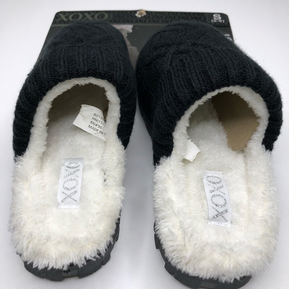 XOXO Black Cable Knit and White Faux Fur Mule Style Slippers Loungewear Sz S 5-6 - Picture 4 of 10